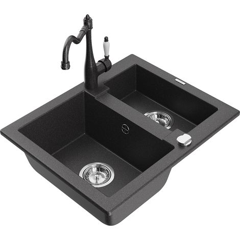 Mexen Carlos fregadero de granito 1,5 senos con grifo de cocina Carla, negro moteado - 6518-76-670700-76 (1/5)