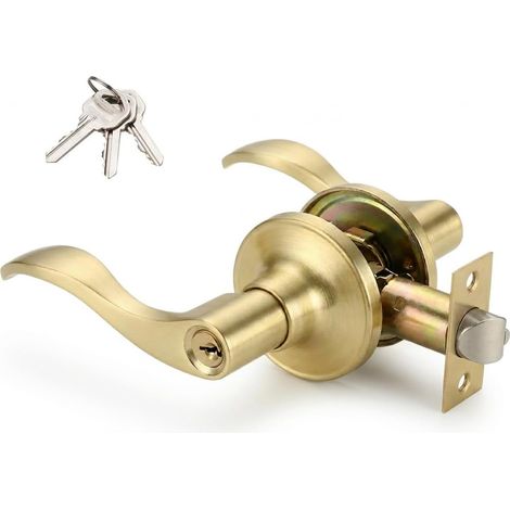 Serrure de porte à levier ondulé, gauche, dorée, avec clé, modèle , pour entrée et placard. (1/5)