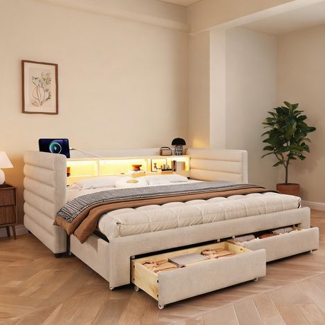 Cadre de lit beige en velours 202 x 109 x 72 cm (1/5)