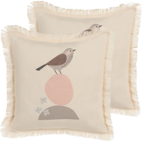Conjunto de cojines almohadas minimalista motivo pájaro impresión flecos borlas 60 x 60 cm beige Wattle