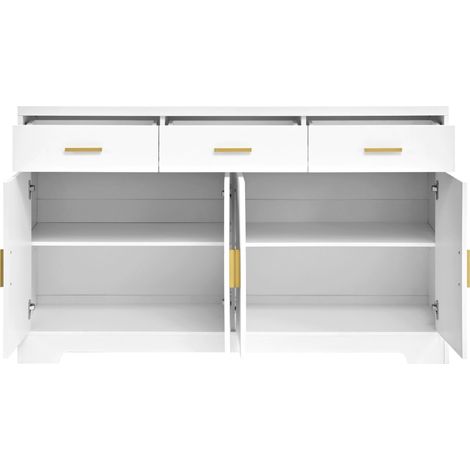 Aparador blanco de MDF con 3 cajones, puertas con relieve arqueado y tiradores dorados (1/5)