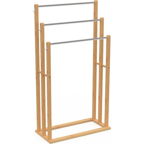 Idmarket – Porte-serviettes sur pied 3 niveaux en bambou – 3 crochets inox – Dimensions 45x21x82 cm – Installation sans fixation murale