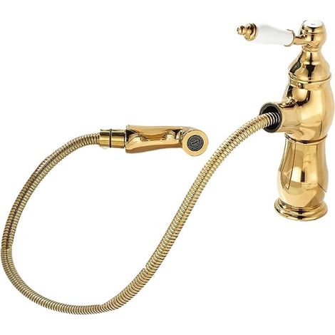 Robinet de salle de bain extractible, finition céramique, or titane, poignée unique, eau chaude et froide. (1/5)