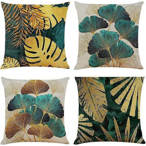 Housse de coussin décorative à motifs de feuilles vertes - 45 x 45 cm, bleu sarcelle - Lot de 2 housses de coussin à motifs de feuilles de ginkgo turquoise, idéales pour le canapé. (1/5)