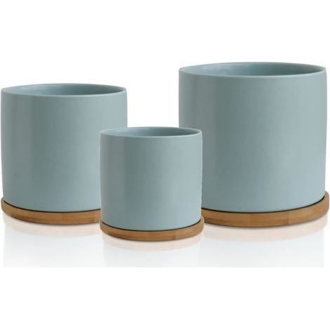 Ensemble de pots de fleurs en céramique avec soucoupe en bambou, pots de fleurs d'intérieur bleus, pots de fleurs d'extérieur en céramique avec soucoupe (petit modèle). (1/5)
