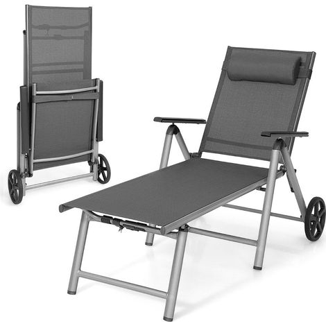 Transat en aluminium à roulettes Bain de soleil pliant 137,5 x 75 x 23,5 cm Gris (1/5)
