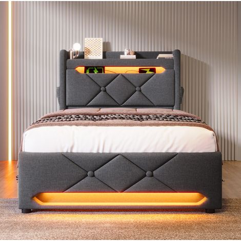 DESVIAE Lit simple rembourré avec LED 360 tête de lit avec rangement et ports USB Type C coffre hydraulique 90 x 200 cm gris textile (1/5)