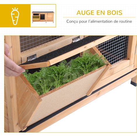 Clapier sur pied cage à lapin avec toit bitumé ouvrant 2 portes verrouillables 2 tiroirs à déjection coulissants mangeoire bois de sapin traité dim. 112L x 50l x 54H cm bois naturel et noir (1/5)