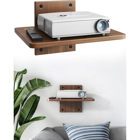 Étagère Murale Flottante 1 Niveau pour projecteur, Noyer Brun Bois massif, gestion câbles, 10 kg, polyvalent, fixation murale simple (1/5)