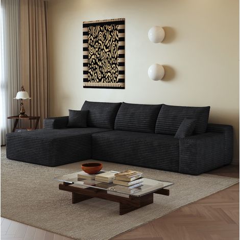 Divano angolare modulare 270 cm nero in tessuto a coste con chaise longue reversibile, seduta profonda e senza montaggio (1/5)