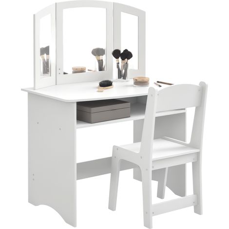 Set da Trucco per Bambini con Tavolo Toeletta con Specchio Triplo Rimovibile e Sedia in Legno Bianco
