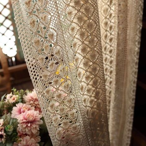 Rideaux Américains en Chanvre de Coton, Voilage Crochet Creux Beige 150x150cm (59x59inch) pour Balcon et Chambre (1/4)