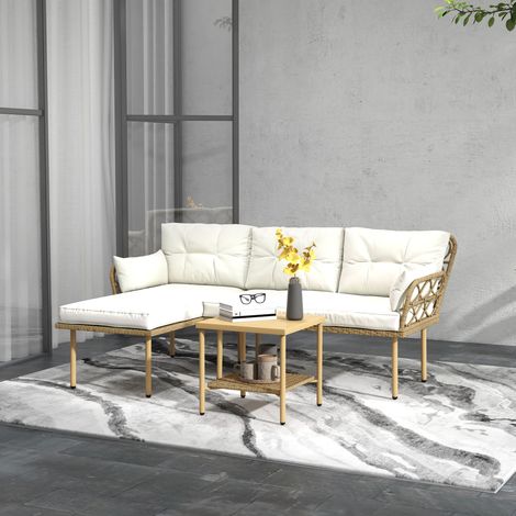Ensemble de jardin 3 pièces avec méridienne, canapé, coussins et table basse, en rotin et acier, blanc crème et bois. (1/5)