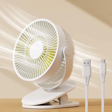 Mini ventilateur à pince, petit ventilateur USB avec batterie rechargeable 4000 mAh, 4 vitesses, max 14 heures, petit et silencieux pour lit, bureau, poussette - Blanc laiteux (1/5)