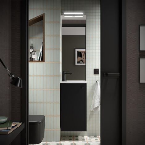 Ensemble complet MARVILLE NOIR SATIN + meuble-lavabo + miroir + lampe (1/4)