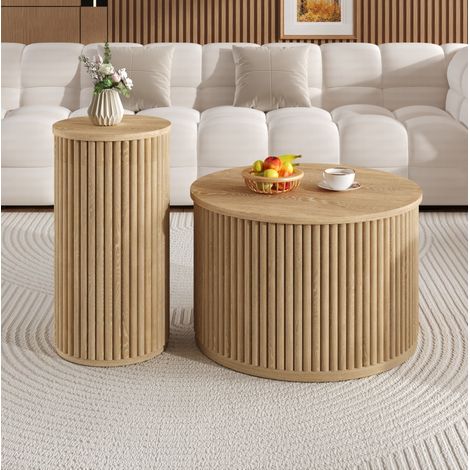 Set di 2 tavolini rotondi, MDF naturale, motivo a doghe verticali, HAVRYA (1/5)
