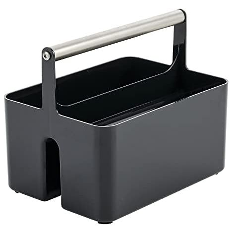 Panier de rangement en plastique avec poignée en métal pour salle de bain, dortoir, cuisine, peut contenir savon, shampooing, après-shampoing – Noir/chrome brossé (1/5)