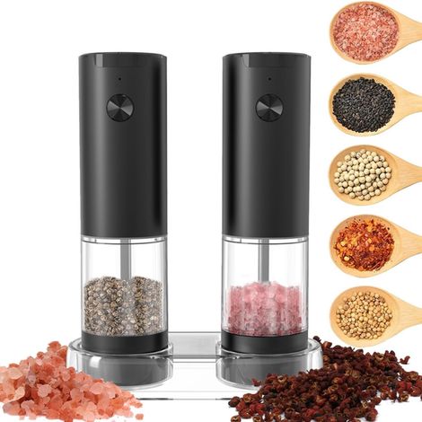 2-teiliges Mühlen-Set – Pfeffermühle – elektrische Pfeffermühle – Salzmühle – Elektrische Salz- und Pfeffermühle – Mahlgrad einstellbar – mit LED-Beleuchtung – Schwarz – Kunststoff (1/5)