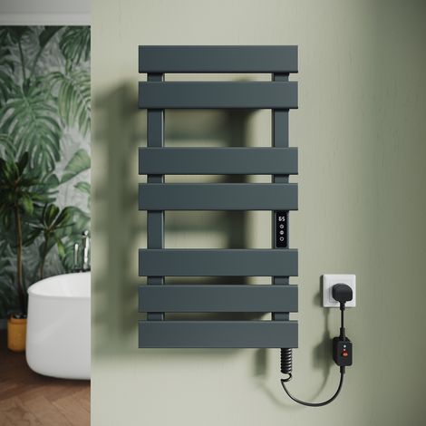Electric Towel Rails 760 x 450mm, Wi-Fi Smart Carbon Fiber Heated Towel Rack in Anthracite, 180° Swivel Guide Bars, Fast Heat Up, Low Energy Wall Mounted Radiator for Bathroom (1/5)