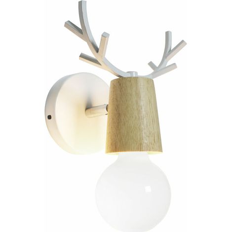 JKWG Rétro Applique Murale Simple Créatif Lampe de Mur Fer et Bois E27 Base Tête de Cerf Nordique Style Art Déco pour Chambre, Salon, Chambre d'enfants, Restaurant, Couloir, Escaliers,Blanc (1/5)