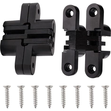 Pieces 68.5mm Concealed Cross Hinges, Invisible Hinges for 180 Degree Folding Doors, Zinc Alloy Invisible Hinges, with 8 Screws, for Cabinet Doors and Furniture, Black (1/4)