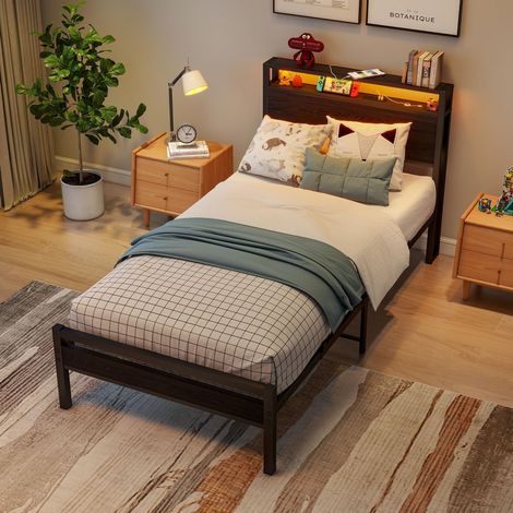 Cama 90x200 cm negra de MDF y metal con almacenaje, USB, enchufe e iluminación LED (1/5)