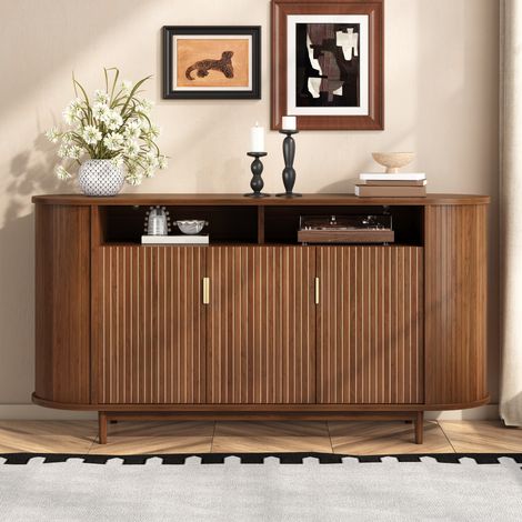 Buffet scandinave noyer avce 3 portes - Meuble de rangement, pieds en pin, pour salon salle Ă manger, Buffet bahut 140x40x78 cm (1/5)