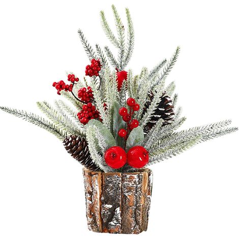 Décoration de table en bois avec écorce de sapin de Noël, bouquet artificiel de 35 cm, baies rouges, pour la maison, l'hôtel ou le bureau. (1/5)