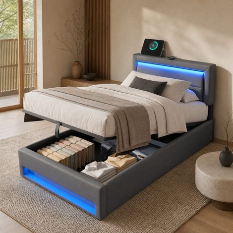 Boxspringbett 90 x 190 cm mit USB, kabellosem Laden, LED und Stauraum, grau HAVRYA (1/5)