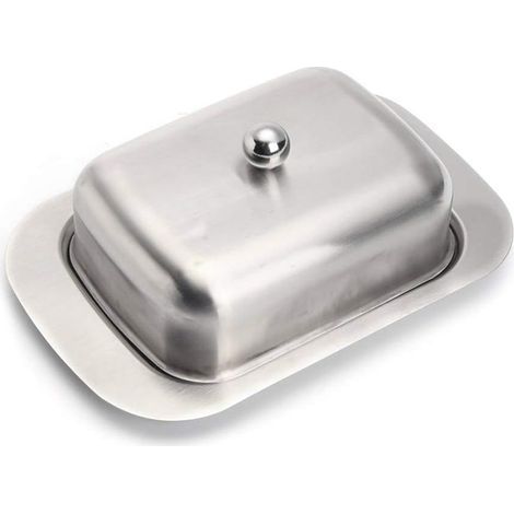 Beurrier en acier inoxydable, beurrier en métal avec couvercle, cloche à beurre beurrier refroidisseur à beurre Boîte à beurre argent, 12,2 x 18,5 x 6,8 cm- (1/5)