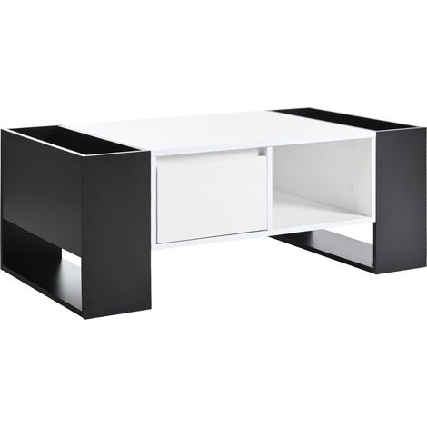 Mesa de centro moderna de 105 x 60 x 40,5 cm, de diseño en blanco y negro, con acabado brillante, con cajones y 4 compartimentos abiertos, ideal para salón, oficina y recibidor. (1/5)