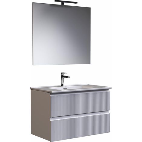 Mobile bagno EOS 80cm Doppio Cassetto Cannettato con lavabo, specchio e lampada BIANCO OPACO – MaMa Store (1/3)