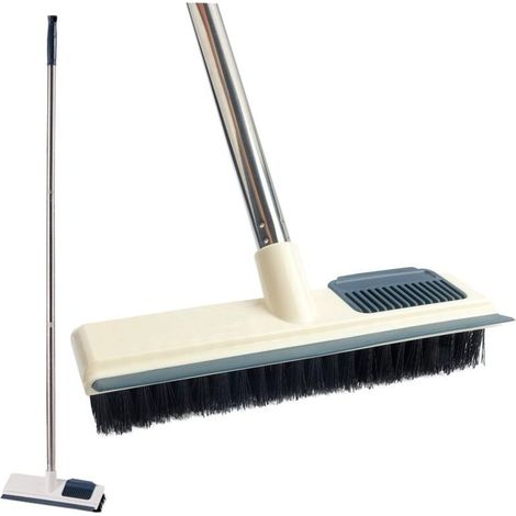 brosse à récurer longue avec manche réglable, raclette et poils 2 en 1 pour nettoyer salles de bains, carreaux, garages, murs et piscines (blanc)-