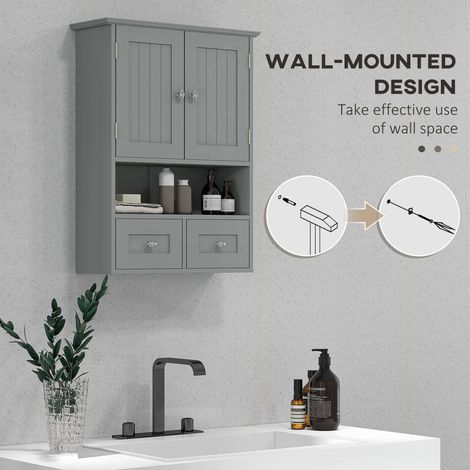 Armoire murale grise pour salle de bain, avec étagère et tiroirs, idéale pour ranger les toilettes, les médicaments dans un couloir ou un salon. (1/5)
