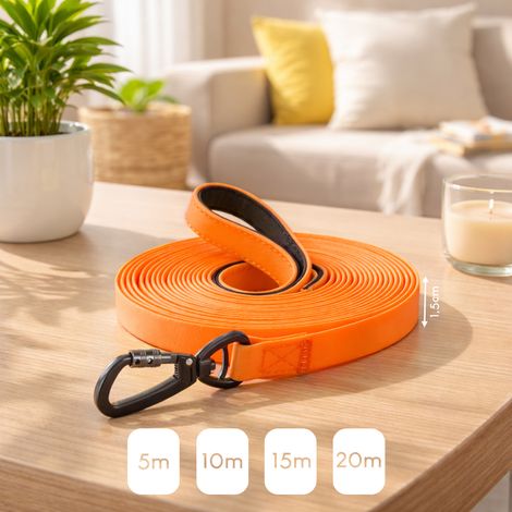 belviona Schleppleine für Hunde, Trainingsleine mit PVC-Beschichtung, wasserfest, pflegeleicht & mit Neopren-Handschlaufe 5 m, signalorange (1/5)