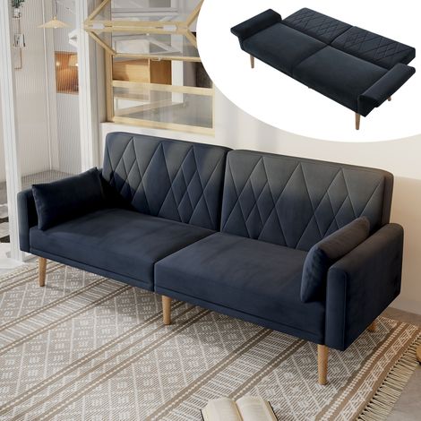 Canapé convertible 2 plazas de terciopelo negro 180 cm con respaldo y reposabrazos ajustables (1/5)
