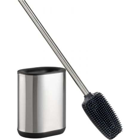 Silicone toilet brush with holder - Silver - 11.4 x 7.5 x 49.5 cm - Wall or floor mounting - Stainless steel