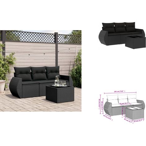 4-tlg. Garten-Sofagarnitur mit Kissen Schwarz Poly Rattan - Gartenmöbel - Esstischgarnituren - Outdoor Möbel - Lounge Set - Rattan Sofa (1/3)