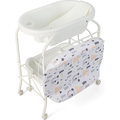 GOPLUS Baignoire Pliable Bébé 4 en 1, Baignoire Bebe sur Pied, avec Panier de Rangement et Roues Verrouillables, Charge 35 KG, Table a Langer avec Baignoire pour 0-12 Mois (Blanc) (1/5)