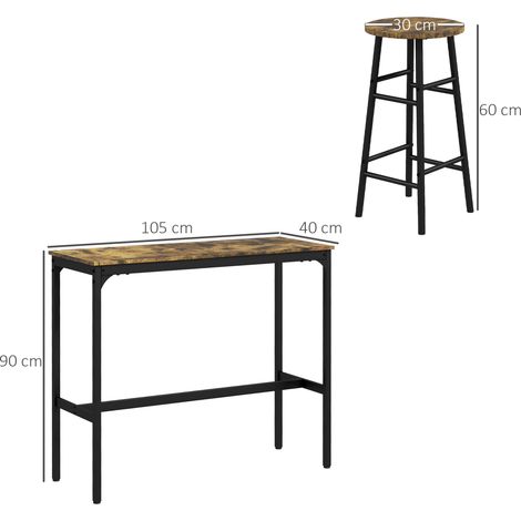 Ensemble de bar avec tabourets, 3 pièces, table de bar industrielle et 2 chaises hautes, design loft, pour salle à manger et cuisine, acier et bois brun rustique (1/5)