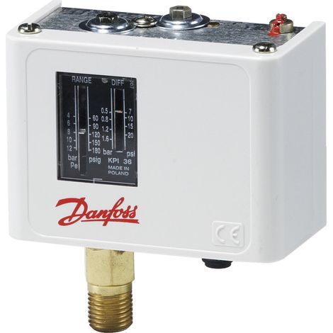 Danfoss – Pressostat mécanique KPI 36 – Raccord mâle gaz vertical – Connexion bornier acier argenté – Indice de protection IP30