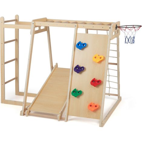 Zona de juegos infantil 6 en 1 para interior 171 x 109 x 110,5 cm seguridad mejorada ambiente acogedor madera contrachapada color macarrón 200017881