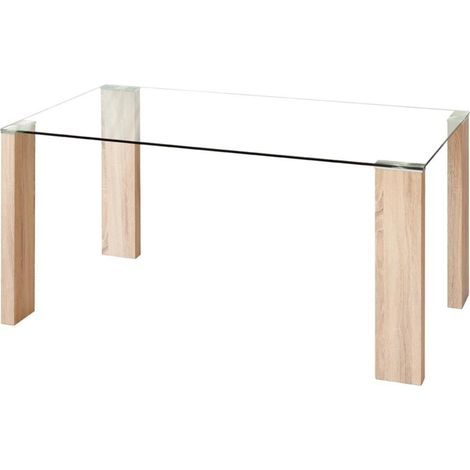 Mesa de comedor ROSSET sobre de cristal templado y patas de metal color roble de 140x90 cm (1/3)