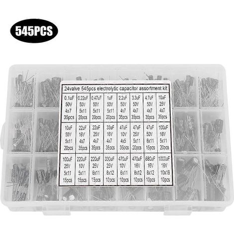 545-teiliges Sortiment an Aluminium-Elektrolytkondensatoren (24 Modelle, 0,1 µF–1000 µF) mit Aufbewahrungsbox