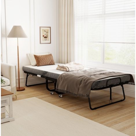 MEUBLIV Letto pieghevole 90x200 cm bianco in acciaio, con ruote bloccabili e materasso (1/5)