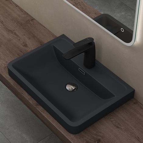 doporro® Lavabo empotrado baño 60x42x14,5 cm lavabo rectangular de fundición mineral negro mate con rebosadero y orificio para grifería Colossum08