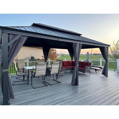PURPLE LEAF Tonnelle de Jardin Extérieur Pergola Aluminium avec Moustiquaire et Rideaux Pavillon de Jardin à Double Toit Acier Galvanisé, 6 x 4.25 m, Gris