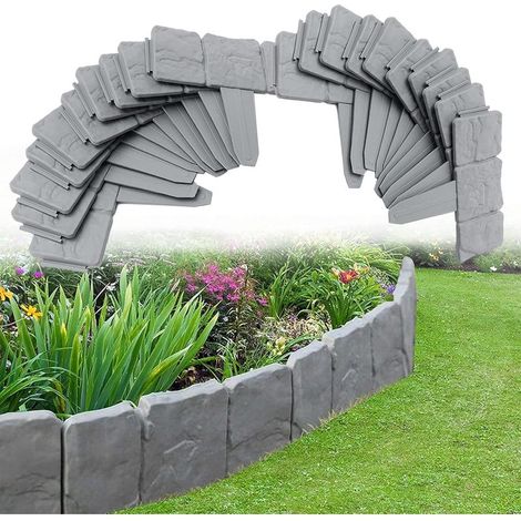 Bordure de Jardin, Bordure de lit de Fleurs décorative Bricolage pour allée de pelouse et Bordure de Paysage, Simulation de Pierre d'imitation Effet pavé, clôture de pelouse -20 Pièces Gris