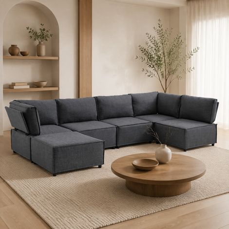 Sofá modular de esquina, convertible en cama extra larga, modular y personalizable, tejido gris oscuro, espuma y contrachapado (1/5)