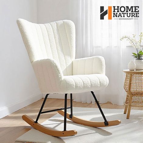 Fauteuil à bascule – Dossier haut – Assise confortable – Tissu bouclette – Motif matelassé – Bois et métal – 150 kg – Blanc – Home Nature Wohnkonzept (1/5)